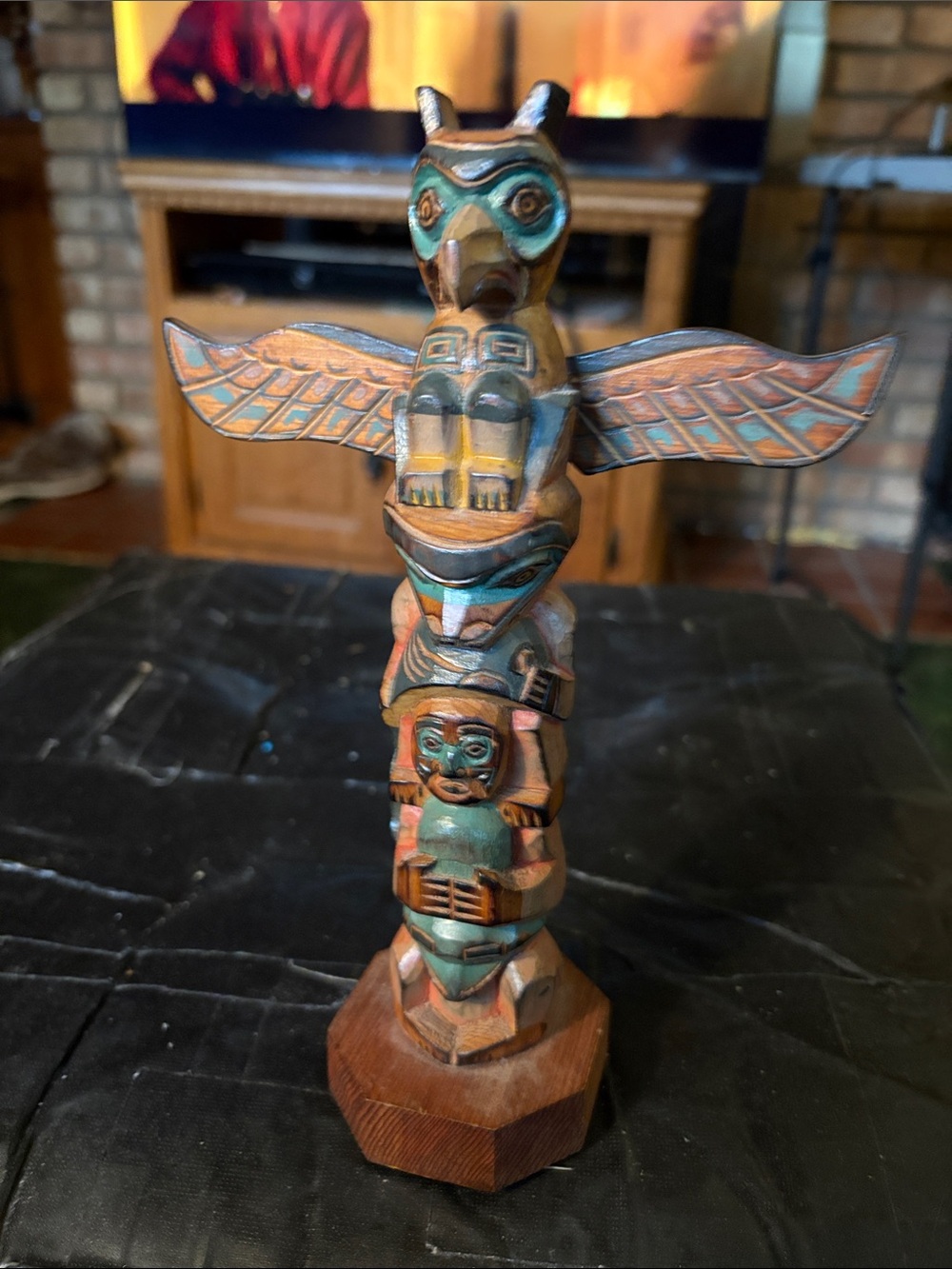 Hand-Carved Totem Pole Sculpture in Turquoise and Brown